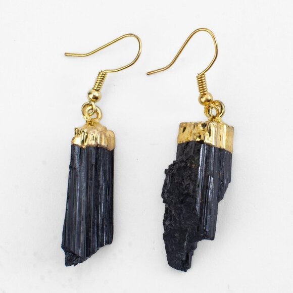 Raw Black Tourmaline Protection Earrings with Gold Trim – Grounding, Positivity - Picture 3 of 7